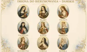 Ilustracja przedstawia święte: Rita, Klara, Cecylia, Faustyna, Kinga, Jadwiga, Katarzyna, Teresa, Monika. Inspiracja dla imiona do bierzmowania żeńskie.