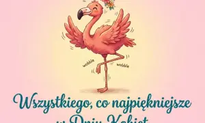 Różowy flaming w kwiatach tańczy, życząc wszystkiego najpiękniejszego w Dniu Kobiet.