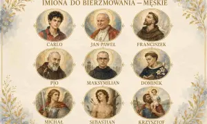 Kolekcja portretów świętych: Carlo, Jan Paweł, Franciszek, Pio, Maksymilian, Dominik, Michał, Sebastian, Krzysztof. Inspiracja dla imion do bierzmowania męskie.