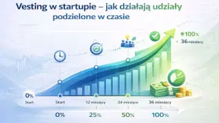 Wykres pokazuje, jak vesting w startupie rośnie w czasie, od 0% do 100% w 36 miesięcy. Długa wersja tekstu "sto lat" jest tu metaforą długoterminowego rozwoju.