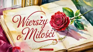 Otwarta księga z napisem "Wierszy o Miłości" i czerwoną różą. Obraz oddaje piękny wiersz o miłości i tęsknocie.