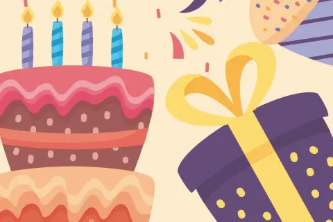Kolorowy tort z czterema świeczkami, prezent i konfetti. Wszystkiego najlepszego z okazji urodzin, nawet jeśli spóźnione życzenia!