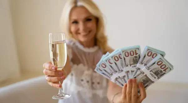 Uśmiechnięta blondynka trzyma kieliszek szampana i stos banknotów 100 dolarowych. Ile się daje na 18? Tyle, by świętować!