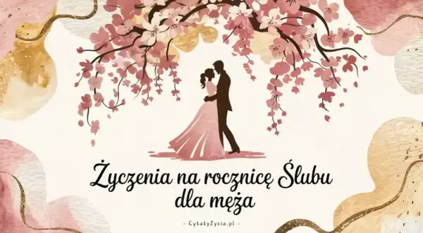 Romantyczna para pod kwitnącą wiśnią. Oryginalne życzenia na rocznicę ślubu dla męża.