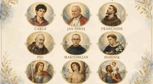Kolekcja portretów świętych: Carlo, Jan Paweł, Franciszek, Pio, Maksymilian, Dominik, Michał, Sebastian, Krzysztof. Inspiracja dla imion do bierzmowania męskie.
