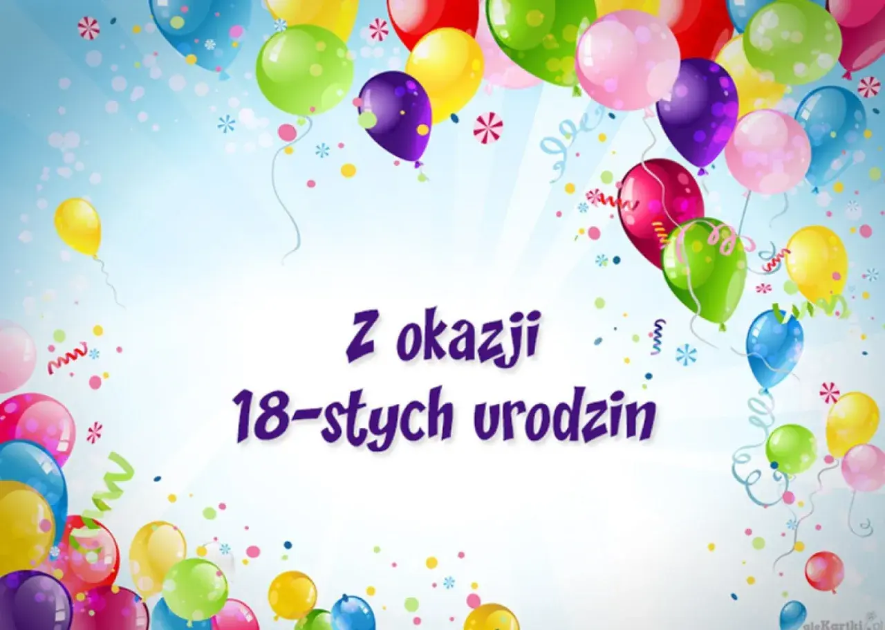 Kolorowe balony i konfetti tworzą radosną atmosferę. Tekst "Z okazji 18-stych urodzin" to idealne życzenia na 18 urodziny dla chłopaka.