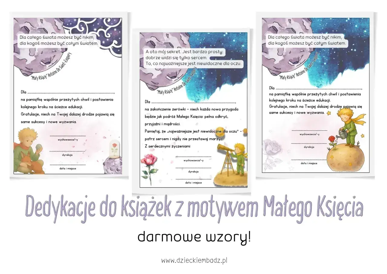 Wzruszające cytaty z Małego Księcia na dedykacjach do książek. Wzory z Małym Księciem, lisem i różą.
