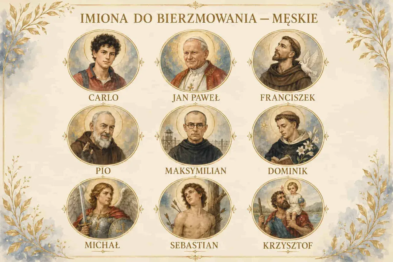 Kolekcja portretów świętych: Carlo, Jan Paweł, Franciszek, Pio, Maksymilian, Dominik, Michał, Sebastian, Krzysztof. Inspiracja dla imion do bierzmowania męskie.
