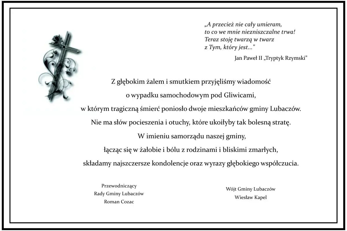 Kondolencje dla rodzin po tragicznej śmierci. Piękne słowa na ostatnie pożegnanie od Jana Pawła II i samorządu gminy Lubaczów.