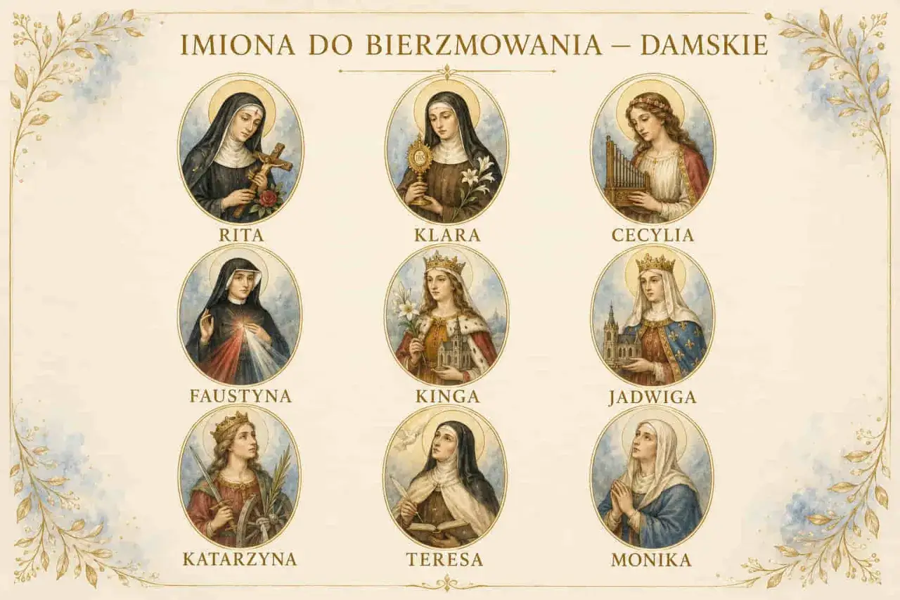 Inspirujące imiona do bierzmowania żeńskie: Rita, Klara, Cecylia, Faustyna, Kinga, Jadwiga, Katarzyna, Teresa, Monika.