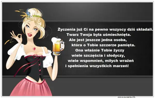 Kobieta w stroju bawarskim z kuflem piwa, życzy śmieszne imieniny dla faceta, dużo szczęścia i spełnienia marzeń.